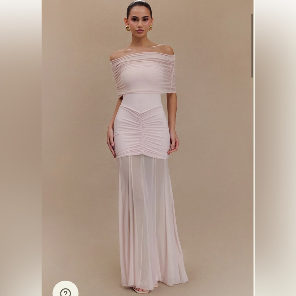 MESHKI - 2-Piece Sheer Ruched Blush Dress with Versatile Shawl